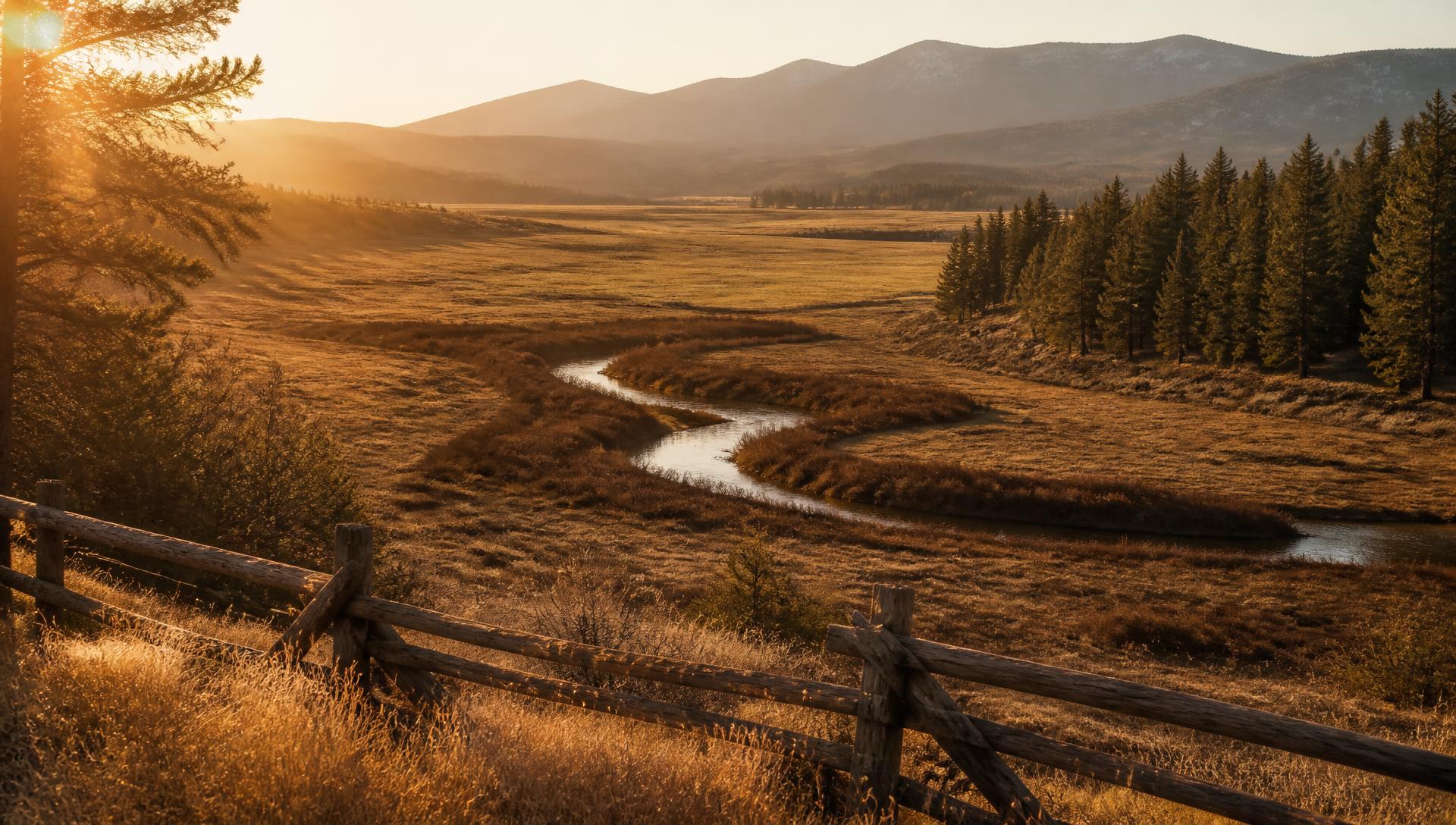 Rolling ranch land at golden hour with timber along the ridge